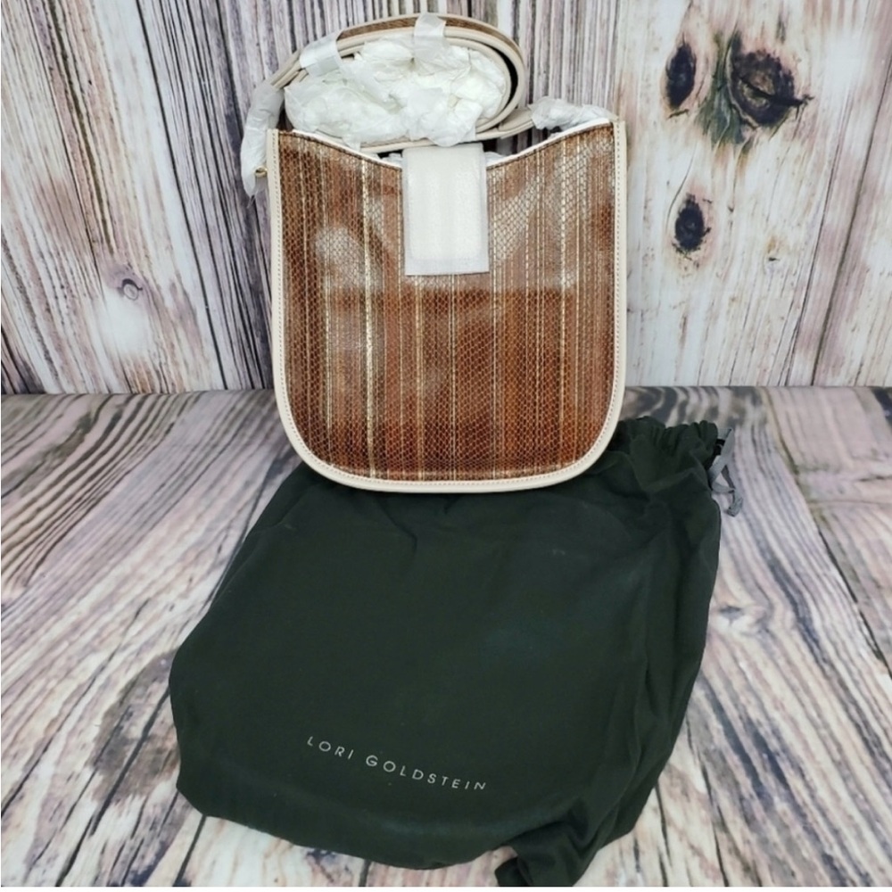Brown and Cream Crossbody Bag with Wooden Body - Picture 5 of 6